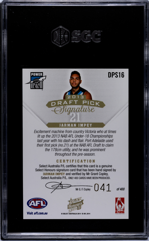 2014 Select AFL Honours Jarman Impey DRAFT PICK SIGNATURE Graded SGC 10