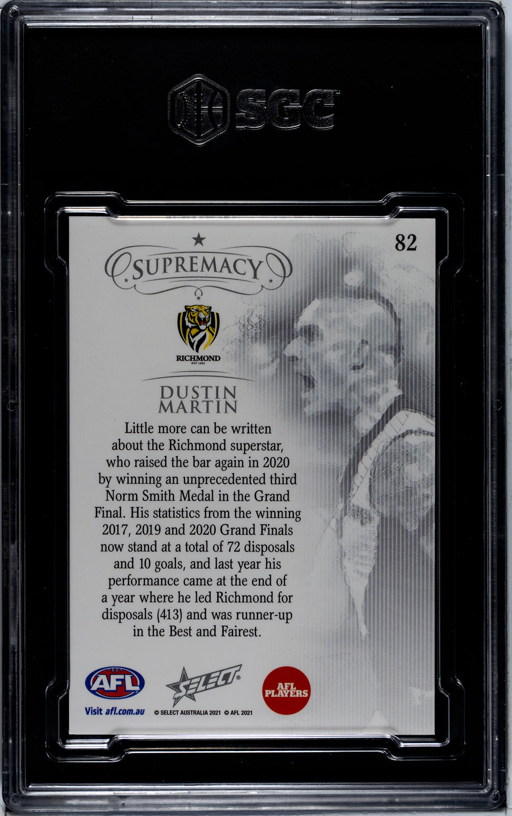 2021 Select AFL Supremacy #82 GOLD Dustin Martin Graded SGC 9.5