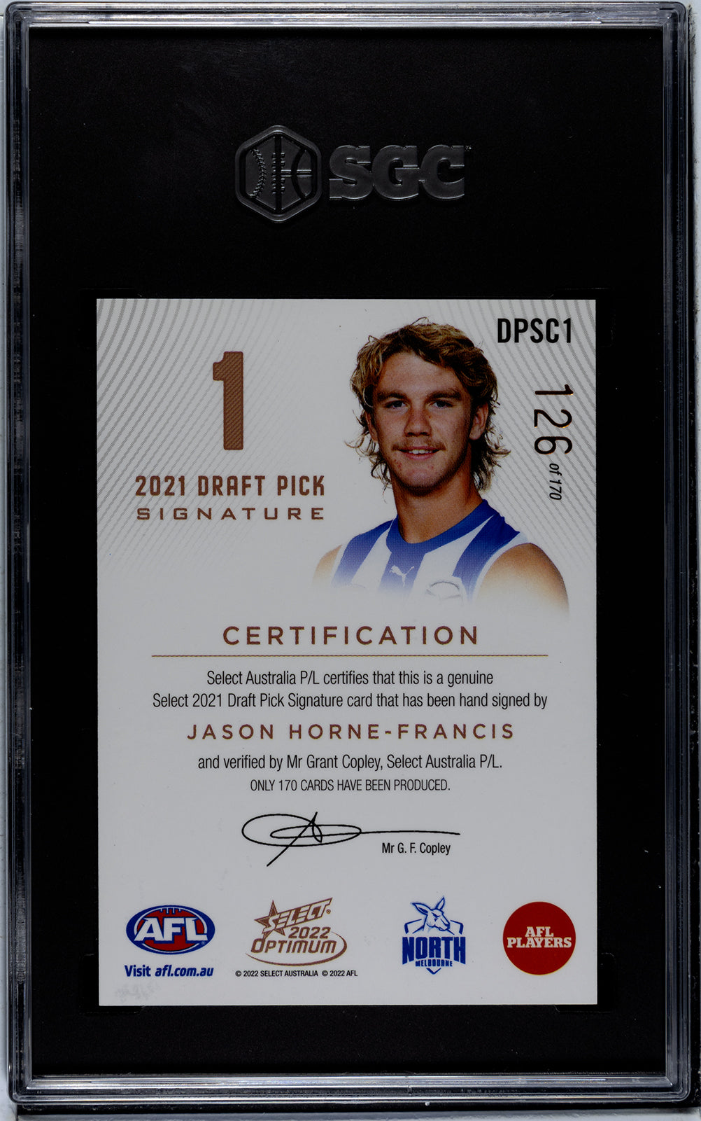 2022 Select AFl Optimum Jason Horne-Francis DRAFT PICK SIGNATURE Graded SGC 9