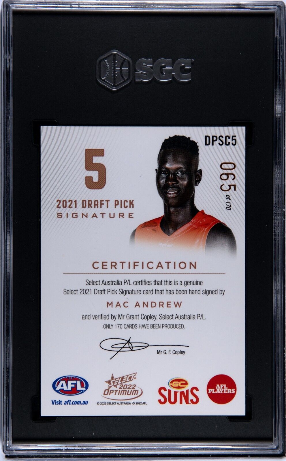 2022 Select AFL Optimum DRAFT PICK SIGNATURE Mac Andrew Graded SGC 9.5