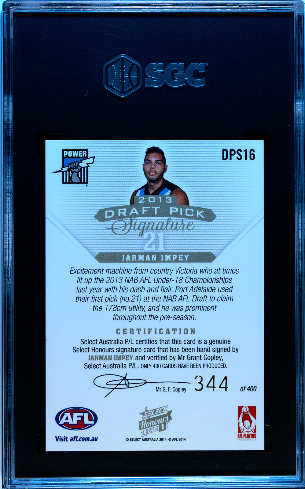 Share 2014 Select AFL Honours DRAFT PICK SIGNATURE Jarman Impey Graded SGC 10/10